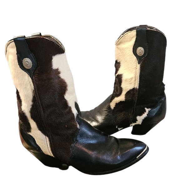 Vintage Cowhide Leather Western Boots. Black/brown/cream. Size 10 - Picture 1 of 16